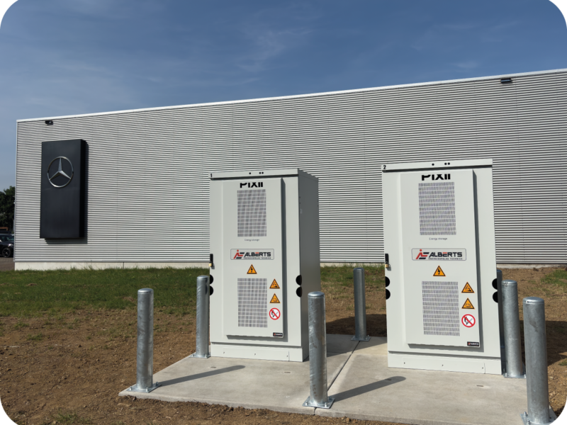 Pixii energieopslag systeem met gesloten deur geplaatst bij Smeets Mercedes Benz Heerlen